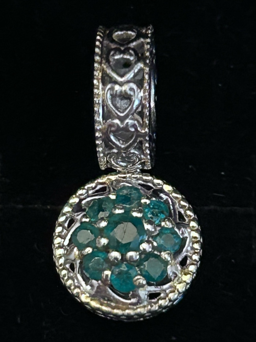 Sterling Silver Emerald Gemstone Heart and Bead Filigree Bracelet Charm Pendant